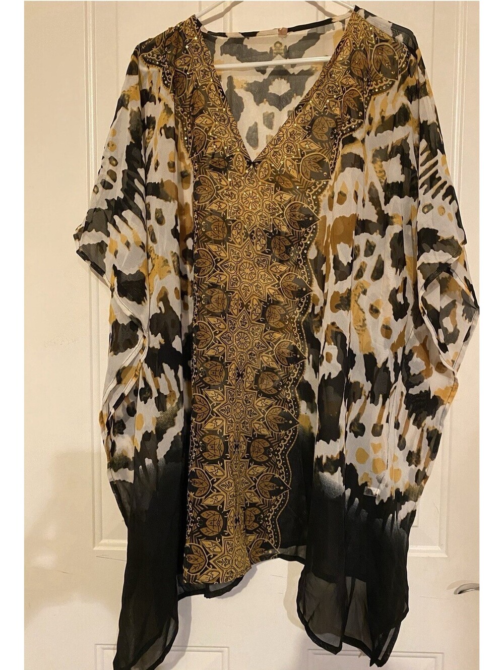Kaftan Coverup Dress Animal Print With Gems One Size  V-neck